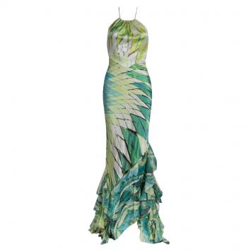 Pre Owned Roberto Cavalli Printed  Ruffle Bottom Cutout Detail Halter Maxi Dress S