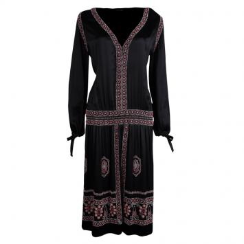 Pre Owned Roberto Cavalli Black Silk Embellished Long Sleeve Dress M