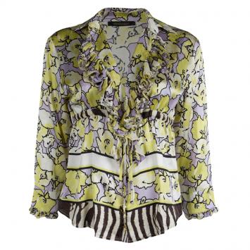 Pre Owned Roberto Cavalli Floral Printed Silk Ruffle Detail Long Sleeve Blouse M 