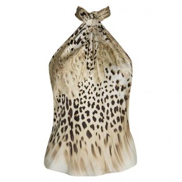 Pre Owned Roberto Cavalli Beige Silk Animal Print Halter Top XS