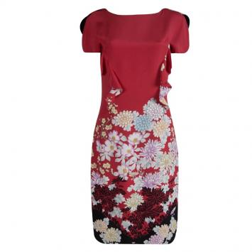 Pre Owned Roberto Cavalli Red Floral Printed Silk Ruffle Detail Dress M