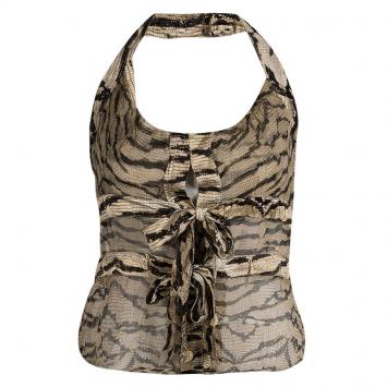 Pre Owned Roberto Cavalli Brown Printed Silk Tie Detail Sheer Top M