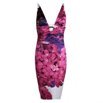 Pre Owned Roberto Cavalli Pink Floral Printed Silk Sleeveless Dress S