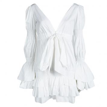 Pre Owned Roberto Cavalli White Cotton Ruffle Detail Smocked Trumpet Sleeve Tunic S