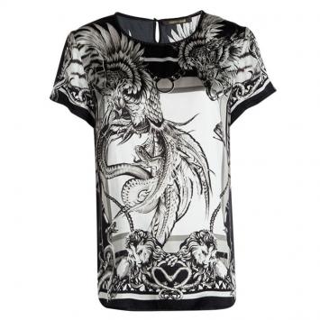 مملوكة مسبقًا Roberto Cavalli Monochrome Printed Short Sleeve Top M