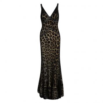 Pre Owned Roberto Cavalli Leopard Print Tricot Mesh Overlay Maxi Dress S