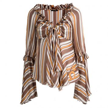 Pre Owned Roberto Cavalli Multicolor Striped Silk Tie Detail Long Sleeve Top M