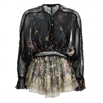 مملوكة مسبقًا Roberto Cavalli Black Floral Printed Silk Lace Insert Long Sleeve Blouse M