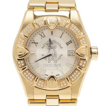 Pre Owned Roberto Cavalli Gold Gold-Plated Diamond Time Women's Wristwatch 41MM