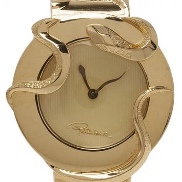 Pre Owned Roberto Cavalli Cream Gold-Plated Stainless Steel  Snake Women's Wristwatch 38MM
