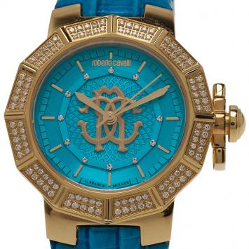 Pre Owned Roberto Cavalli Blue Gold-Plated Stainless Steel Women's Wristwatch 35MM