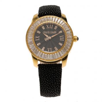 Pre Owned Roberto Cavalli Black Gold-Plated Stainless Steel Crystal Fugit Women's Wristwatch 37MM