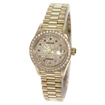 Pre Owned Rolex Diamond Pave 18K Yellow Gold Diamond Datejust Women's Wristwatch 26MM