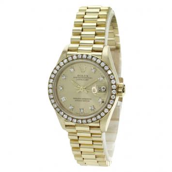 Pre Owned Rolex Champagne Gold 18K Yellow Gold Diamond Datejust Women's Wristwatch 26MM
