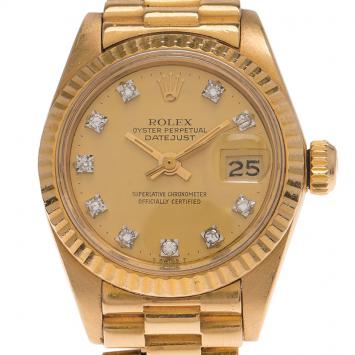 مملوكة مسبقًا Rolex Champagne 18K Yellow Gold Datejust Women's Wristwatch 26MM
