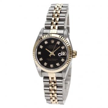Pre Owned Rolex Black 18K Yellow Gold and Stainless Steel Datejust Women's Wristwatch 26MM