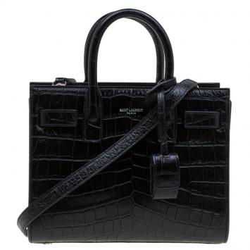 Pre Owned Saint Laurent Paris Black Croc Embossed Leather Baby Sac De Jour Tote