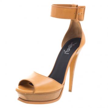 Pre Owned Saint Laurent Paris Brown Leather Ankle Strap Platform Sandals Size 40.5