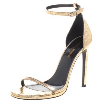Pre Owned Saint Laurent Paris Gold Metallic Lizard Embossed Leather Jane Ankle Strap Sandals Size 38