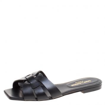Pre Owned Saint Laurent Black Leather Nu Pieds Flat Slides Size 36