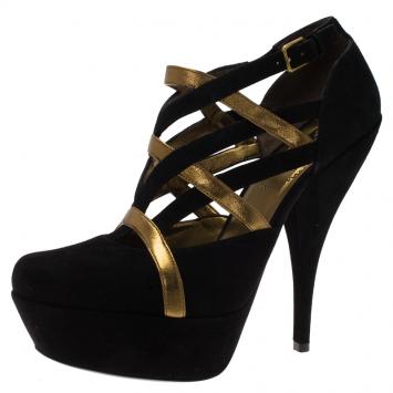 Pre Owned Saint Laurent Paris Black Suede and Gold Leather Lucy Strappy Platform Pumps Size 38.5