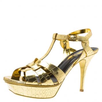 Pre Owned Saint Laurent Paris Gold Croc Embossed Leather Tribute Platform Sandals Size 39.5
