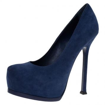Pre Owned Saint Laurent Paris Blue Suede Tribtoo Platform Pumps Size 37