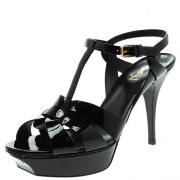 Pre Owned Saint Laurent Paris Black Patent Leather Tribute Platform Sandals Size 41