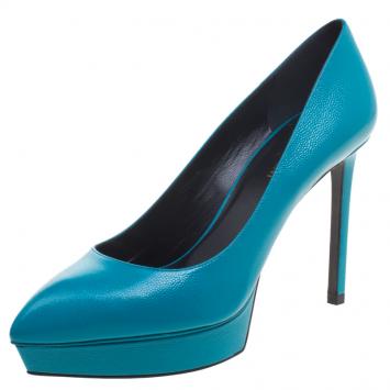 Pre Owned Saint Laurent Paris Turquoise Leather Classic Janis Platform Pumps Size 38.5