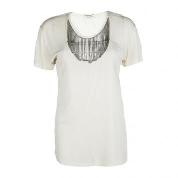 Pre Owned Saint Laurent Paris Cream Silk Jersey Chain Embellished Top M