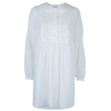 Pre Owned Saint Laurent Paris White Embroidered Yoke Detail Long Sleeve Cotton Dress M