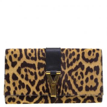 Pre Owned Saint Laurent Paris Brown/Black Leopard Print Calf Hair Large Chyc Clutch