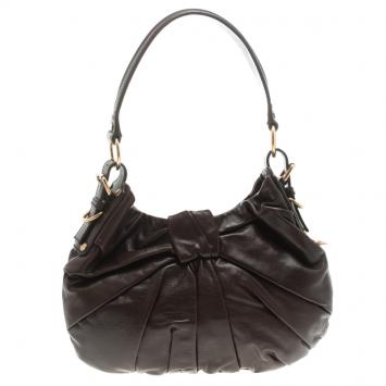 Pre Owned Saint Laurent Paris Dark Brown Pleated Leather Hobo