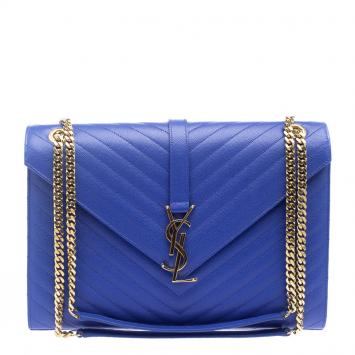 Pre Owned Saint Laurent Paris Blue Matelasse Leather Large Cassandre Flap Bag