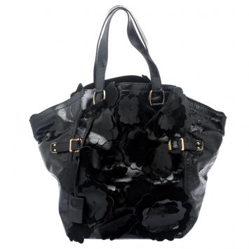Pre Owned Saint Laurent Paris Black Patent Leather Medium Floral Applique Downtown Tote