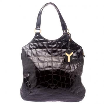 Pre Owned Saint laurent Paris Brown Croc Embossed Patent Leather Large Tribute Tote