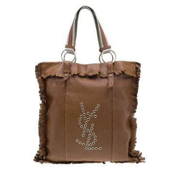 Pre Owned Saint Laurent Paris Brown Leather Fringe Grommet Signature Tote