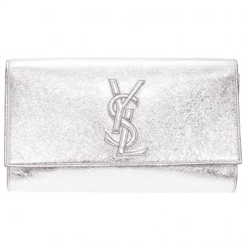 Pre Owned Saint Laurent Paris Silver Patent Belle De Jour Flap Clutch