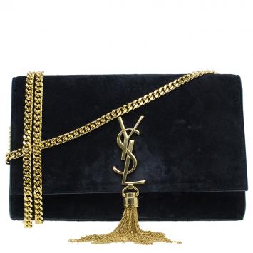 Pre Owned Saint Laurent Paris Black Suede Leather Medium Tassel Crossbody Bag