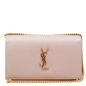 Pre Owned Saint Laurent Paris Nude Textured Leather Logo Chain Clutch