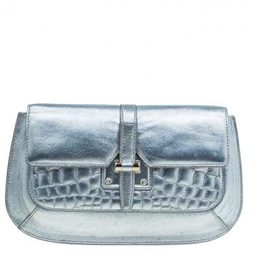 Pre Owned Saint Laurent Paris Silver Croc Embossed Leather Emma Clutch