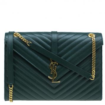 Pre Owned Saint Laurent Paris Green Leather Chevron Flap Shoulder Bag