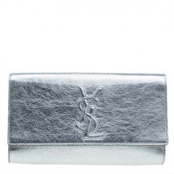 Pre Owned Saint Laurent Paris Silver Leather Belle De Jour Flap Clutch