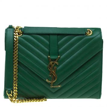 Pre Owned Saint Laurent Paris Green Leather Medium Cassandre Flap Bag