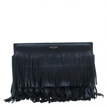Pre Owned Saint Laurent Paris Black Leather Fringed Clutch