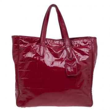 Pre Owned Saint Laurent Paris Red Croc Embossed Patent Leather Raspail North South Tote 