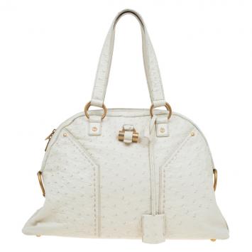 Pre Owned Saint Laurent Paris White Ostrich Large Muse Satchel