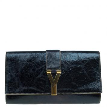 Pre Owned Saint Laurent Paris Black Distressed Leather Classic Y-Line Clutch