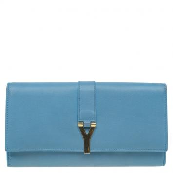 Pre Owned Saint Laurent Paris Blue Leather Y Line Continental Wallet
