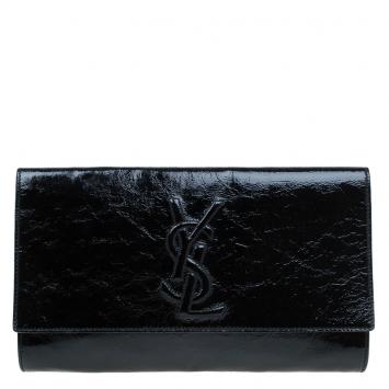 Pre Owned Saint Laurent Paris Black Glazed Leather Belle De Jour Flap Clutch